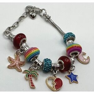 Charm Bracelet Beach Rainbow Starfish Palm‎ Tree Broken Heart Moon Blue Sparkle